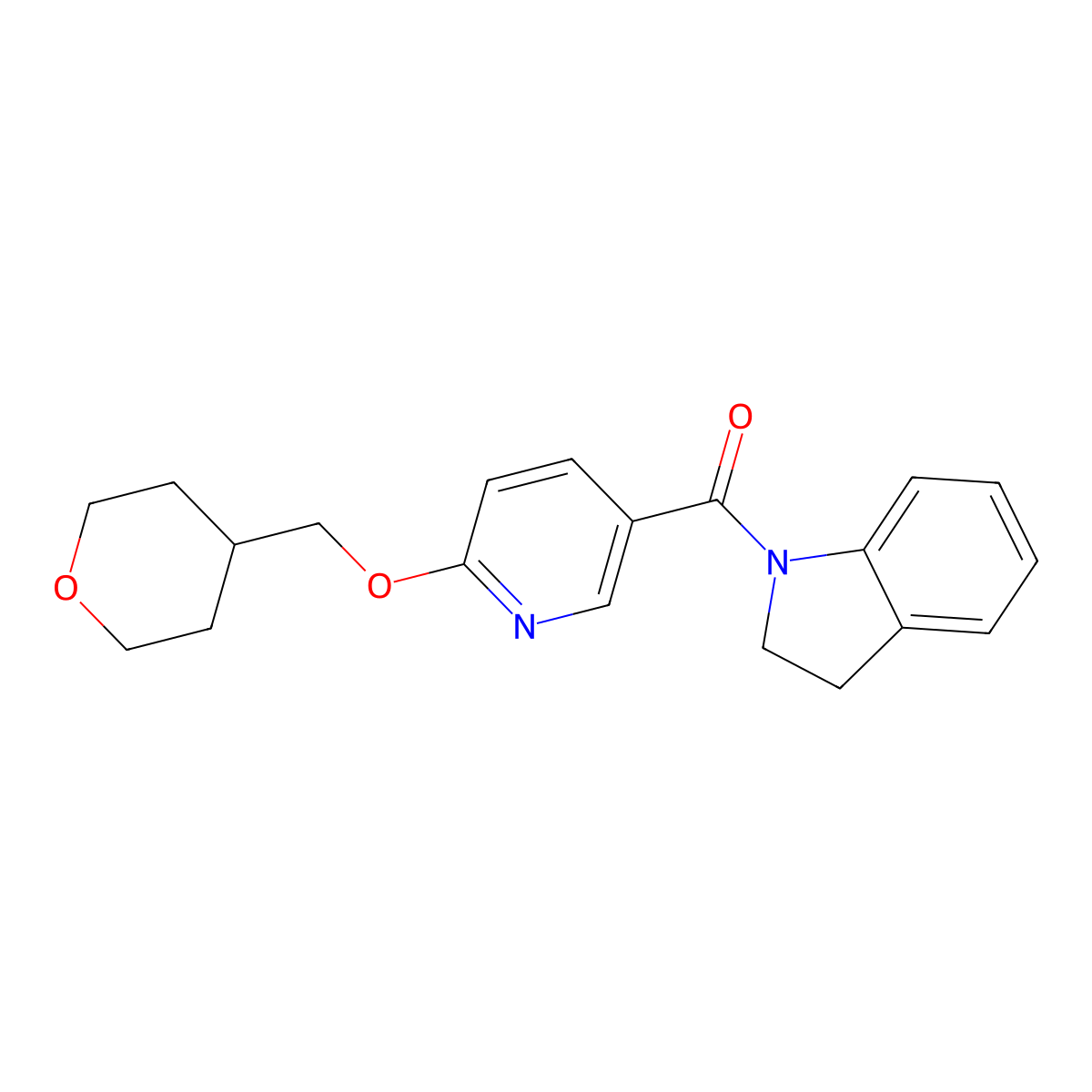 indolin-1-yl(6-((tetrahydro-2H-pyran-4-yl)methoxy)pyridin-3-yl)methanone molecular structure, CAS 2034241-38-6