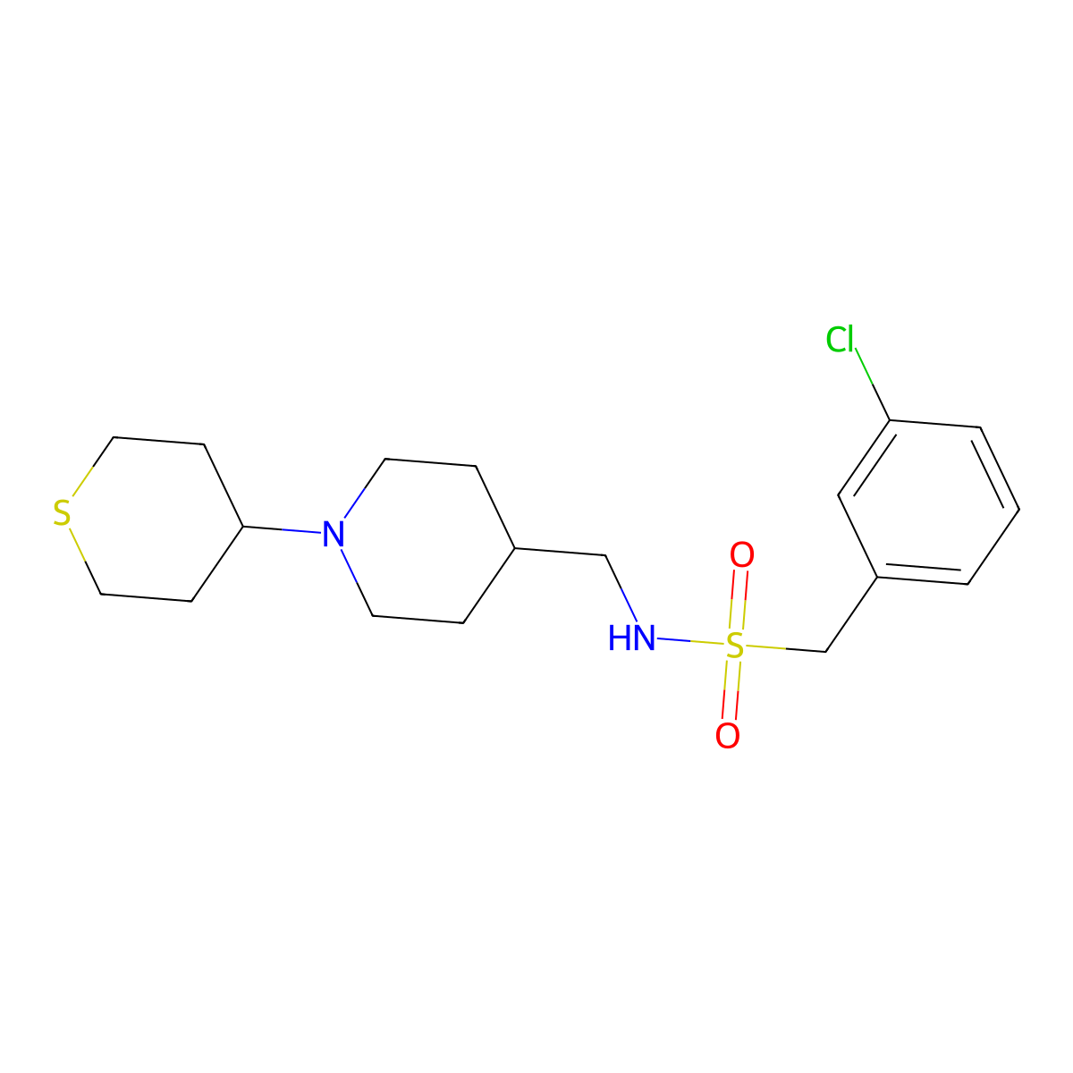 1-(3-chlorophenyl)-N-((1-(tetrahydro-2H-thiopyran-4-yl)piperidin-4-yl)methyl)methanesulfonamide molecular structure, CAS 2034241-44-4