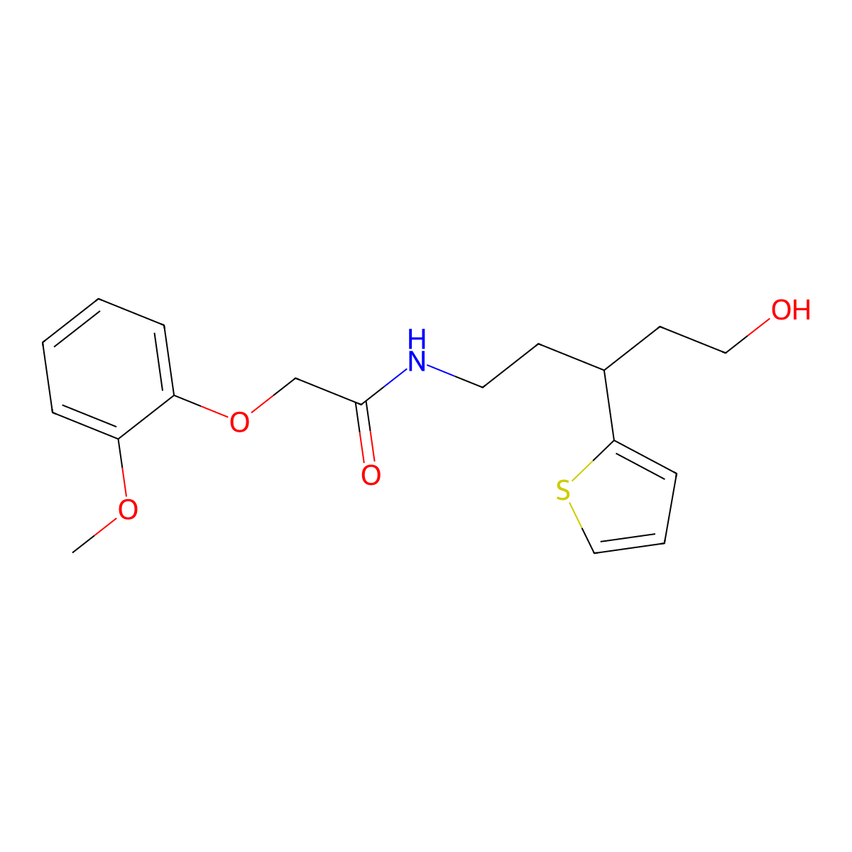 N-(5-hydroxy-3-(thiophen-2-yl)pentyl)-2-(2-methoxyphenoxy)acetamide molecular structure, CAS 2034241-47-7