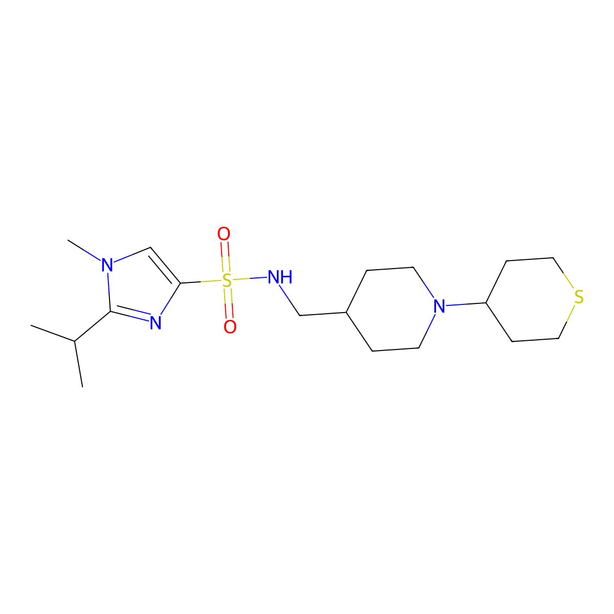 2-isopropyl-1-methyl-N-((1-(tetrahydro-2H-thiopyran-4-yl)piperidin-4-yl)methyl)-1H-imidazole-4-sulfonamide molecular structure, CAS 2034241-53-5