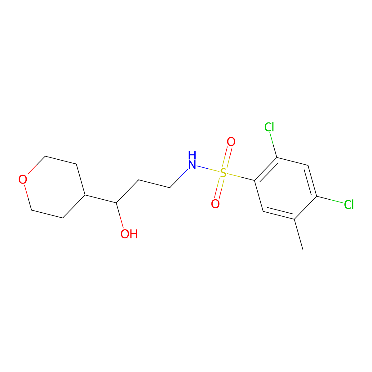 2,4-dichloro-N-(3-hydroxy-3-(tetrahydro-2H-pyran-4-yl)propyl)-5-methylbenzenesulfonamide molecular structure, CAS 2034241-61-5