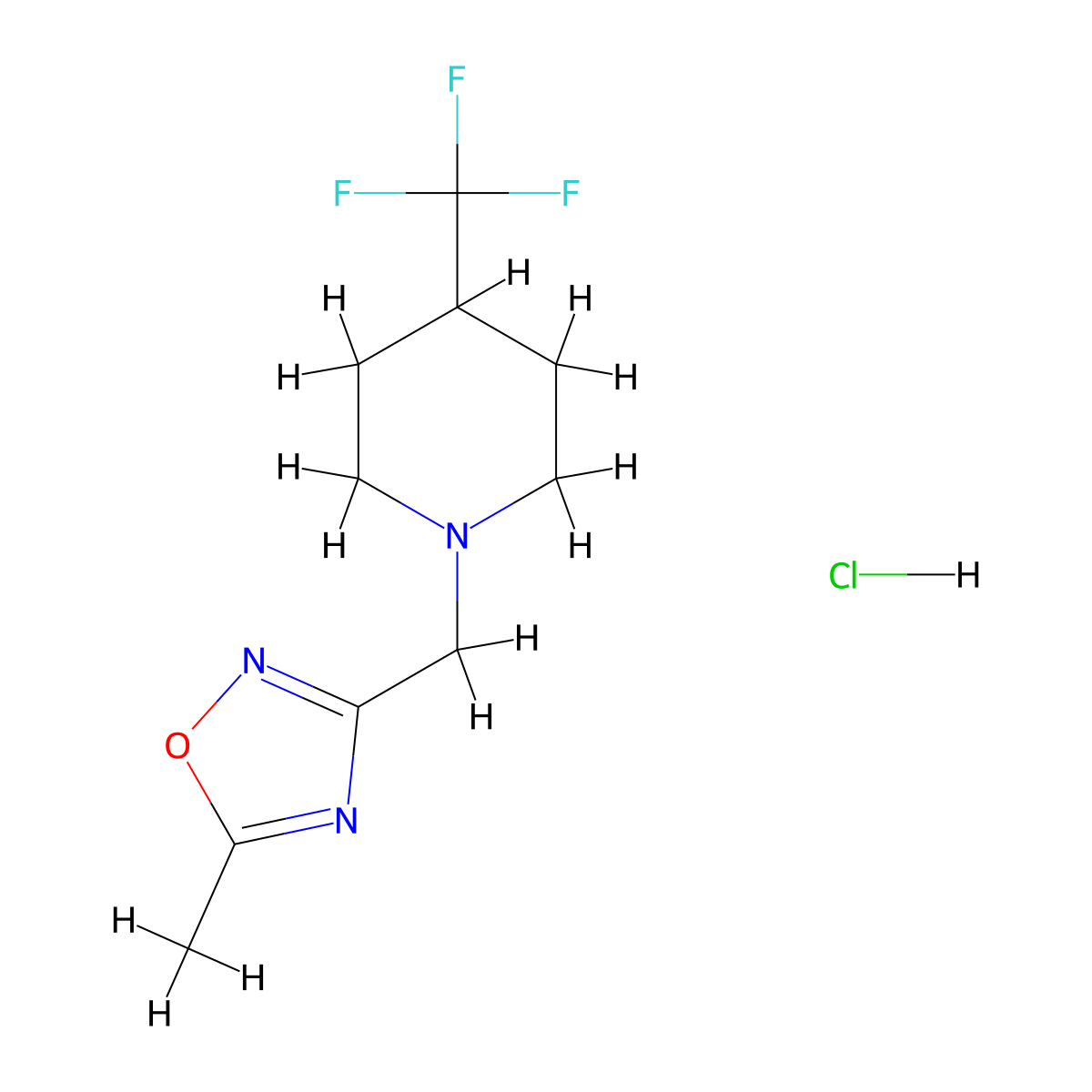 5-Methyl-3-((4-(trifluoromethyl)piperidin-1-yl)methyl)-1,2,4-oxadiazole hydrochloride molecular structure, CAS 2034241-85-3