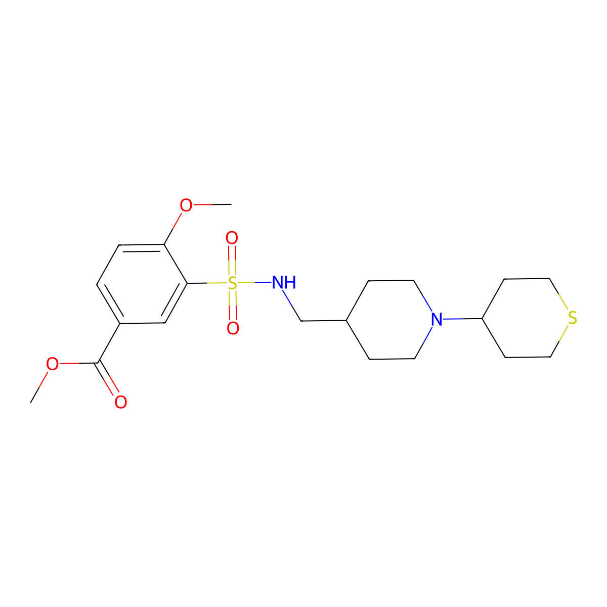 methyl 4-methoxy-3-(N-((1-(tetrahydro-2H-thiopyran-4-yl)piperidin-4-yl)methyl)sulfamoyl)benzoate molecular structure, CAS 2034241-89-7