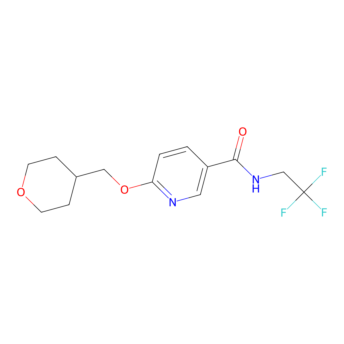 6-[(oxan-4-yl)methoxy]-N-(2,2,2-trifluoroethyl)pyridine-3-carboxamide molecular structure, CAS 2034241-93-3