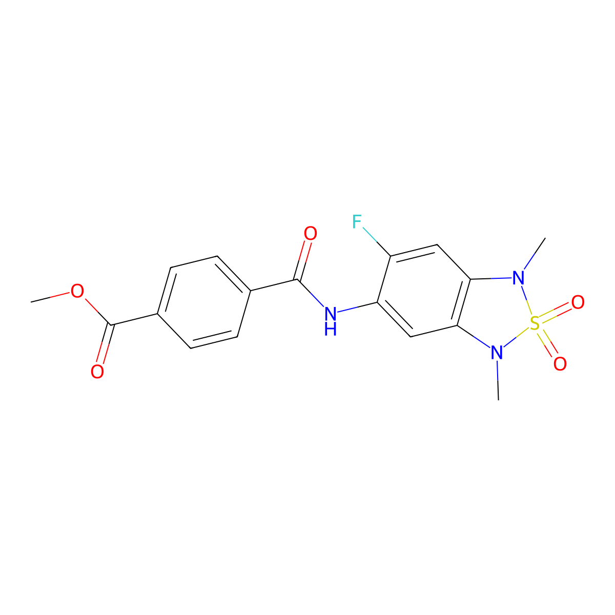 Methyl 4-((6-fluoro-1,3-dimethyl-2,2-dioxido-1,3-dihydrobenzo[c][1,2,5]thiadiazol-5-yl)carbamoyl)benzoate molecular structure, CAS 2034242-07-2