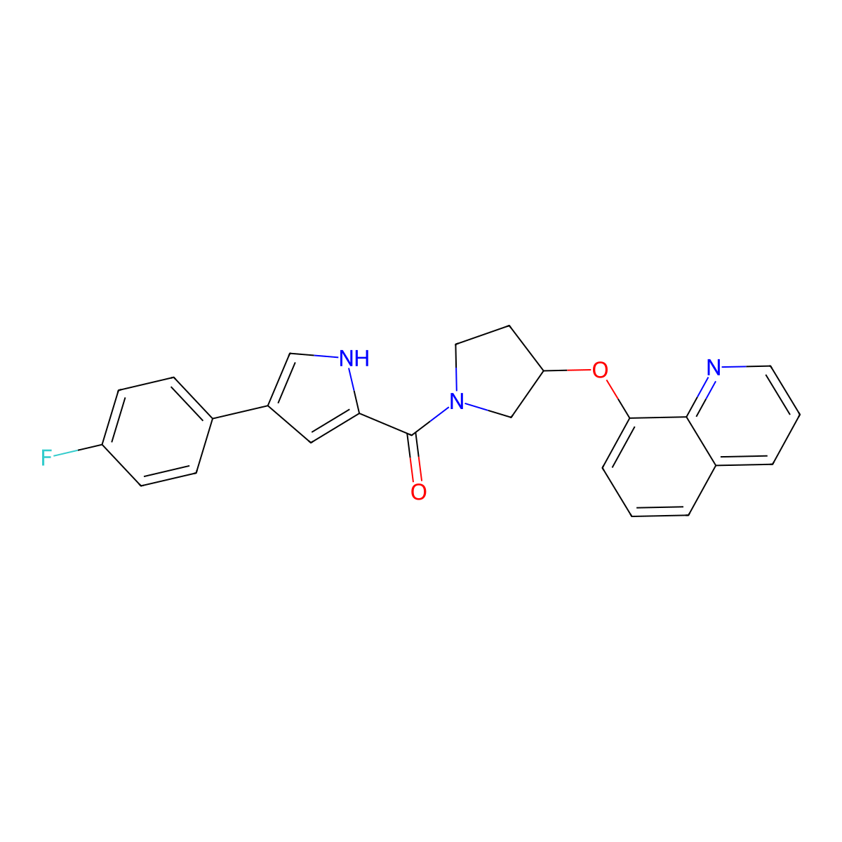 (4-(4-fluorophenyl)-1H-pyrrol-2-yl)(3-(quinolin-8-yloxy)pyrrolidin-1-yl)methanone molecular structure, CAS 2034242-13-0