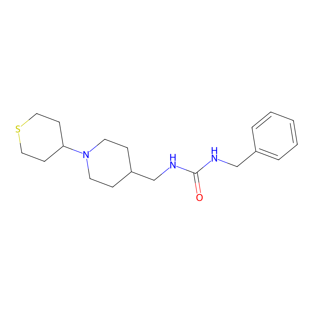 1-benzyl-3-((1-(tetrahydro-2H-thiopyran-4-yl)piperidin-4-yl)methyl)urea molecular structure, CAS 2034242-25-4