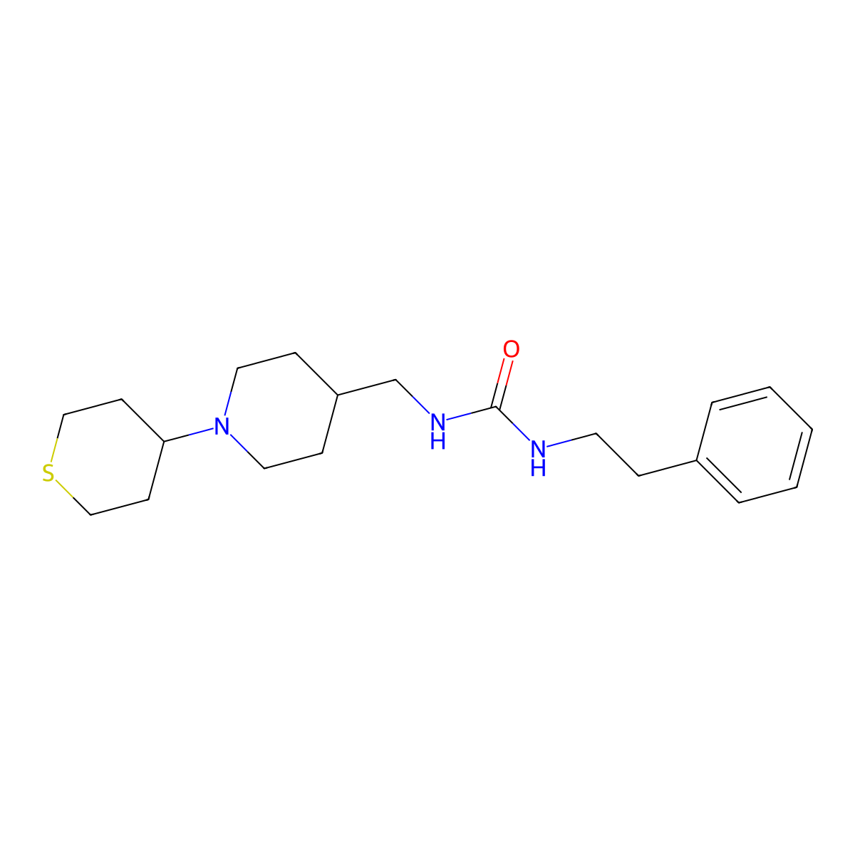 1-phenethyl-3-((1-(tetrahydro-2H-thiopyran-4-yl)piperidin-4-yl)methyl)urea molecular structure, CAS 2034242-41-4
