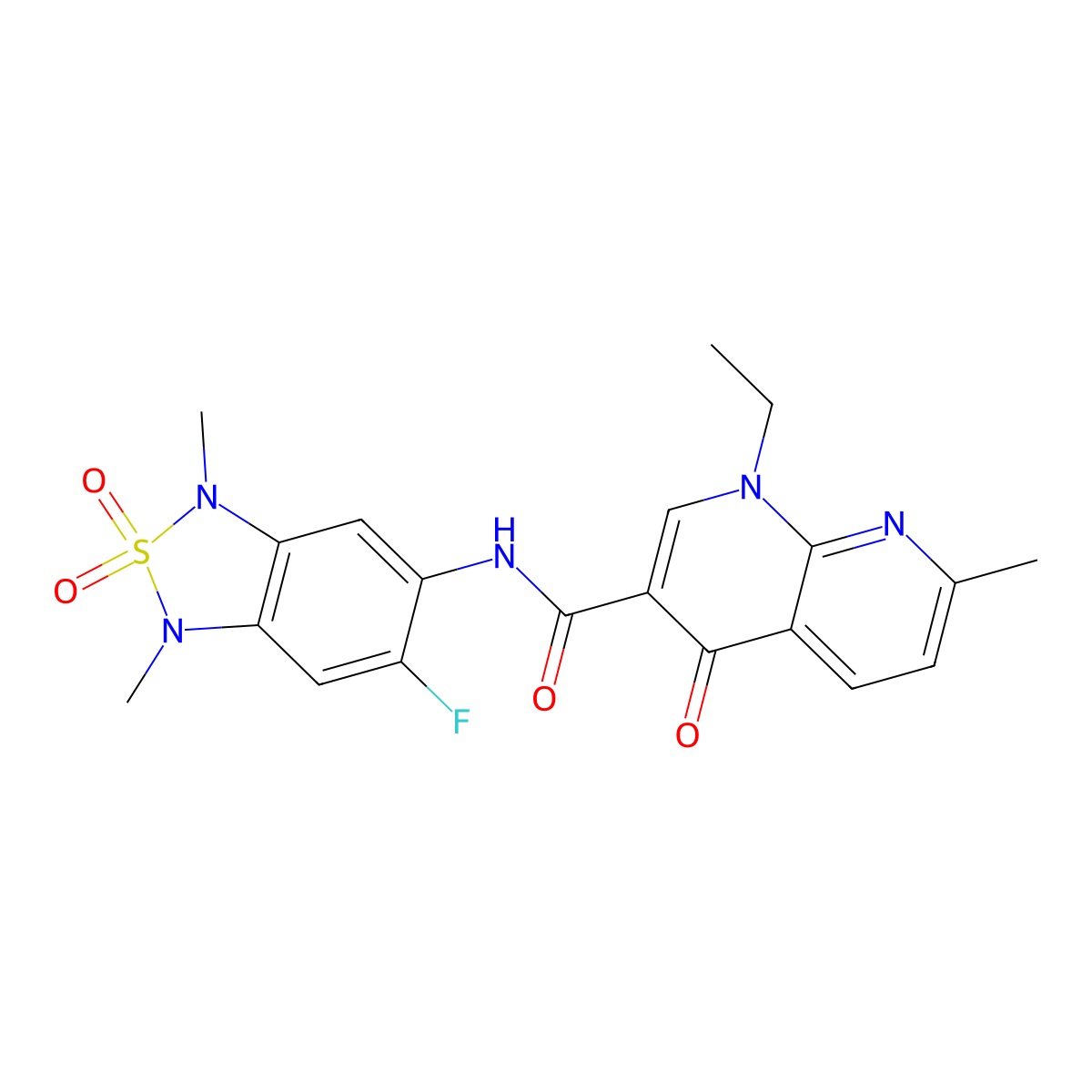 1-ethyl-N-(6-fluoro-1,3-dimethyl-2,2-dioxido-1,3-dihydrobenzo[c][1,2,5]thiadiazol-5-yl)-7-methyl-4-oxo-1,4-dihydro-1,8-naphthyridine-3-carboxamide molecular structure, CAS 2034242-49-2