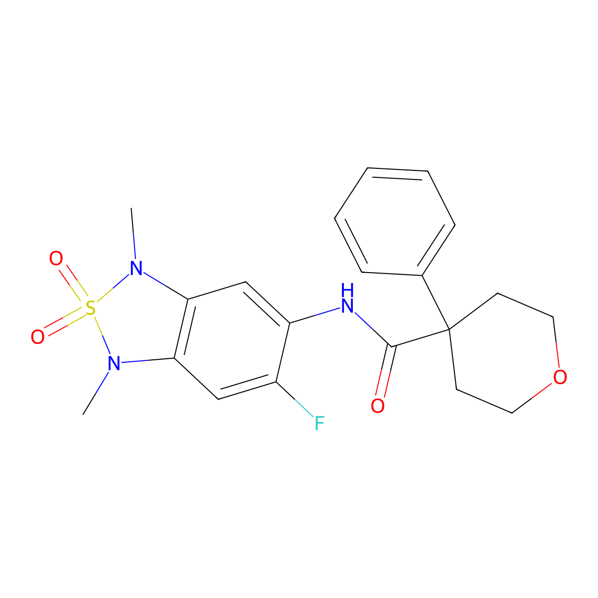 N-(6-fluoro-1,3-dimethyl-2,2-dioxido-1,3-dihydrobenzo[c][1,2,5]thiadiazol-5-yl)-4-phenyltetrahydro-2H-pyran-4-carboxamide molecular structure, CAS 2034242-59-4