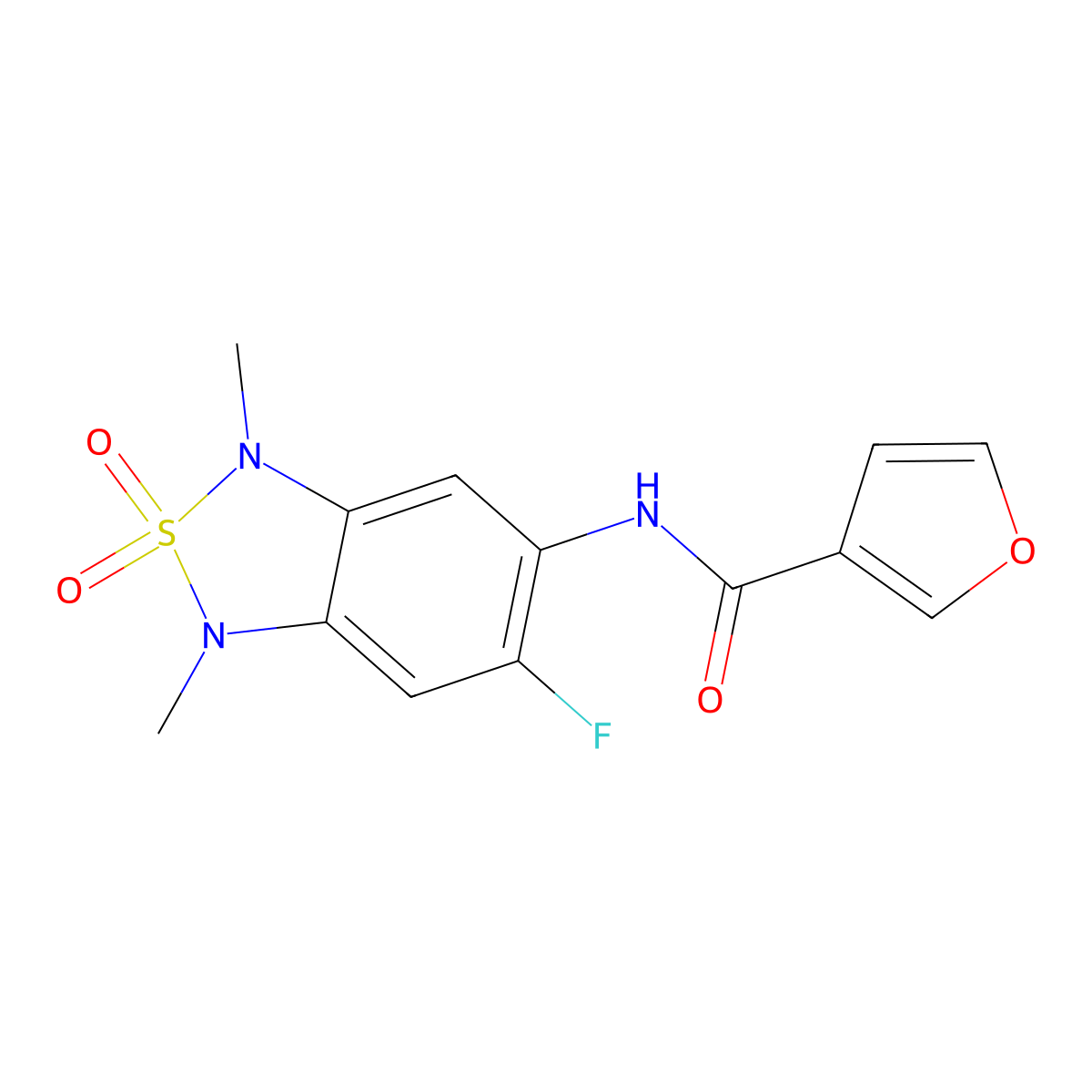 N-(6-fluoro-1,3-dimethyl-2,2-dioxido-1,3-dihydrobenzo[c][1,2,5]thiadiazol-5-yl)furan-3-carboxamide molecular structure, CAS 2034242-63-0
