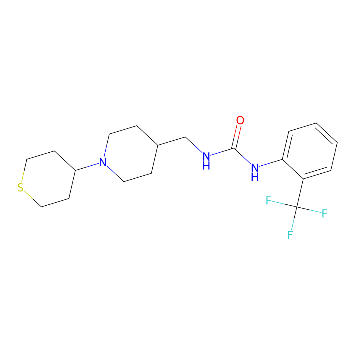 1-((1-(tetrahydro-2H-thiopyran-4-yl)piperidin-4-yl)methyl)-3-(2-(trifluoromethyl)phenyl)urea molecular structure, CAS 2034242-65-2
