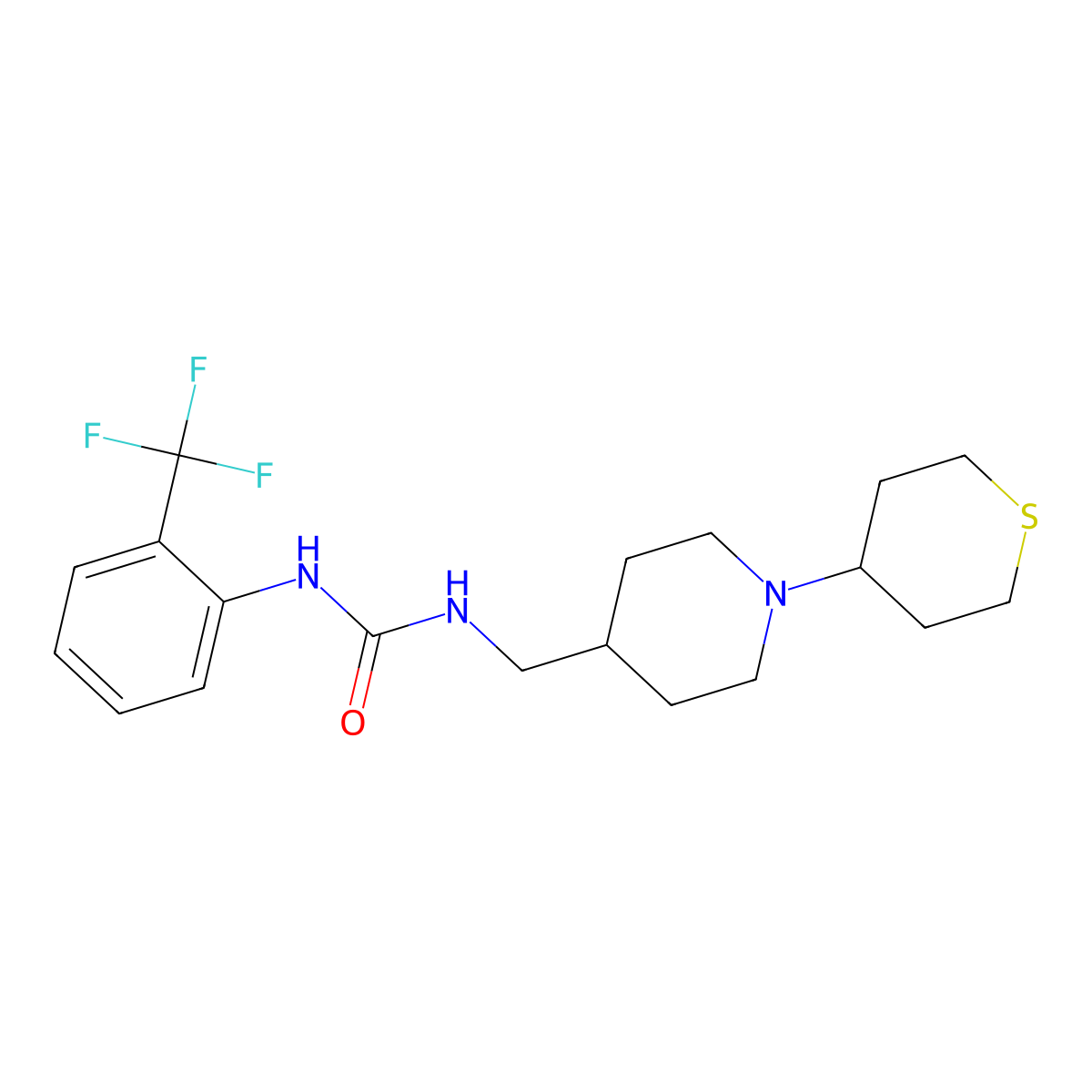 1-((1-(tetrahydro-2H-thiopyran-4-yl)piperidin-4-yl)methyl)-3-(2-(trifluoromethyl)phenyl)urea molecular structure, CAS 2034242-65-2