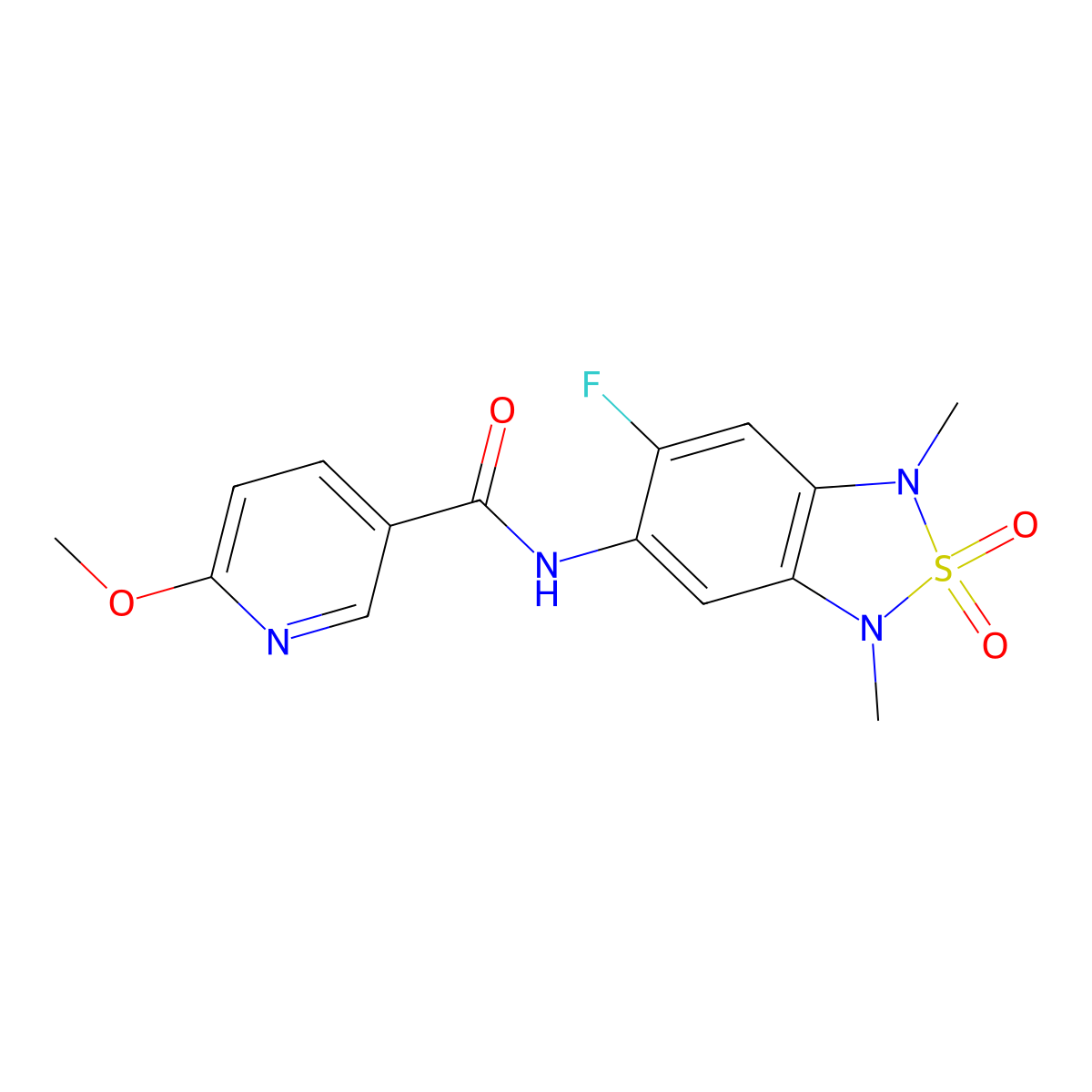 N-(6-fluoro-1,3-dimethyl-2,2-dioxido-1,3-dihydrobenzo[c][1,2,5]thiadiazol-5-yl)-6-methoxynicotinamide molecular structure, CAS 2034242-76-5