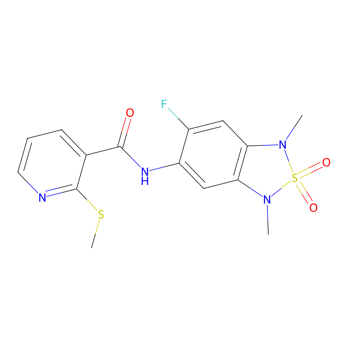 N-(6-fluoro-1,3-dimethyl-2,2-dioxido-1,3-dihydrobenzo[c][1,2,5]thiadiazol-5-yl)-2-(methylthio)nicotinamide molecular structure, CAS 2034242-79-8