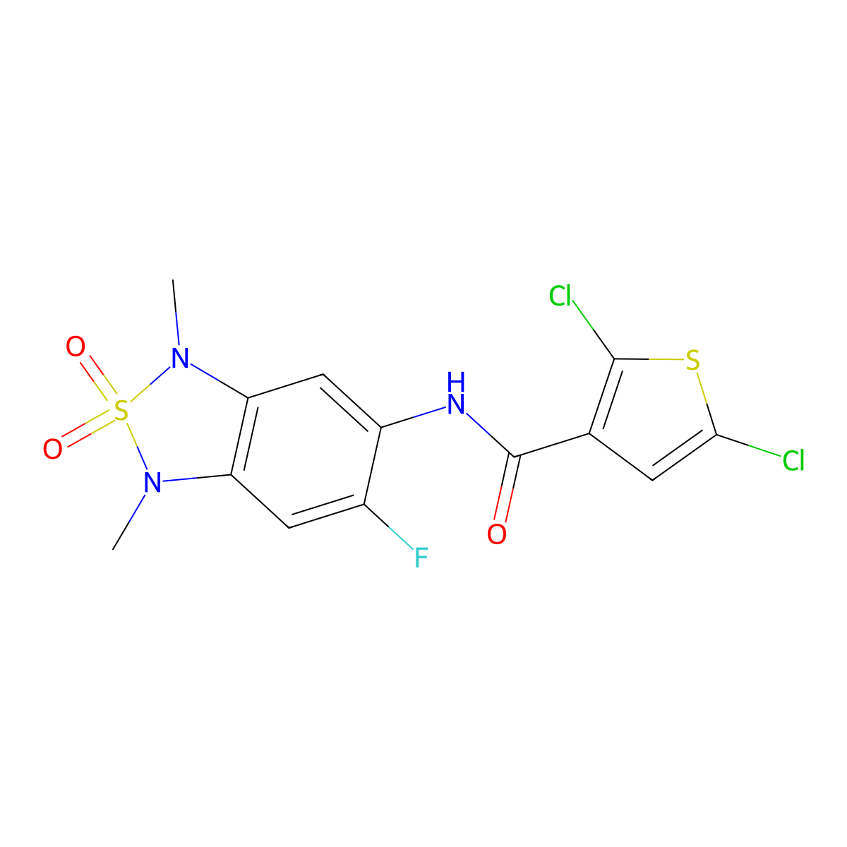 2,5-dichloro-N-(6-fluoro-1,3-dimethyl-2,2-dioxido-1,3-dihydrobenzo[c][1,2,5]thiadiazol-5-yl)thiophene-3-carboxamide molecular structure, CAS 2034242-82-3