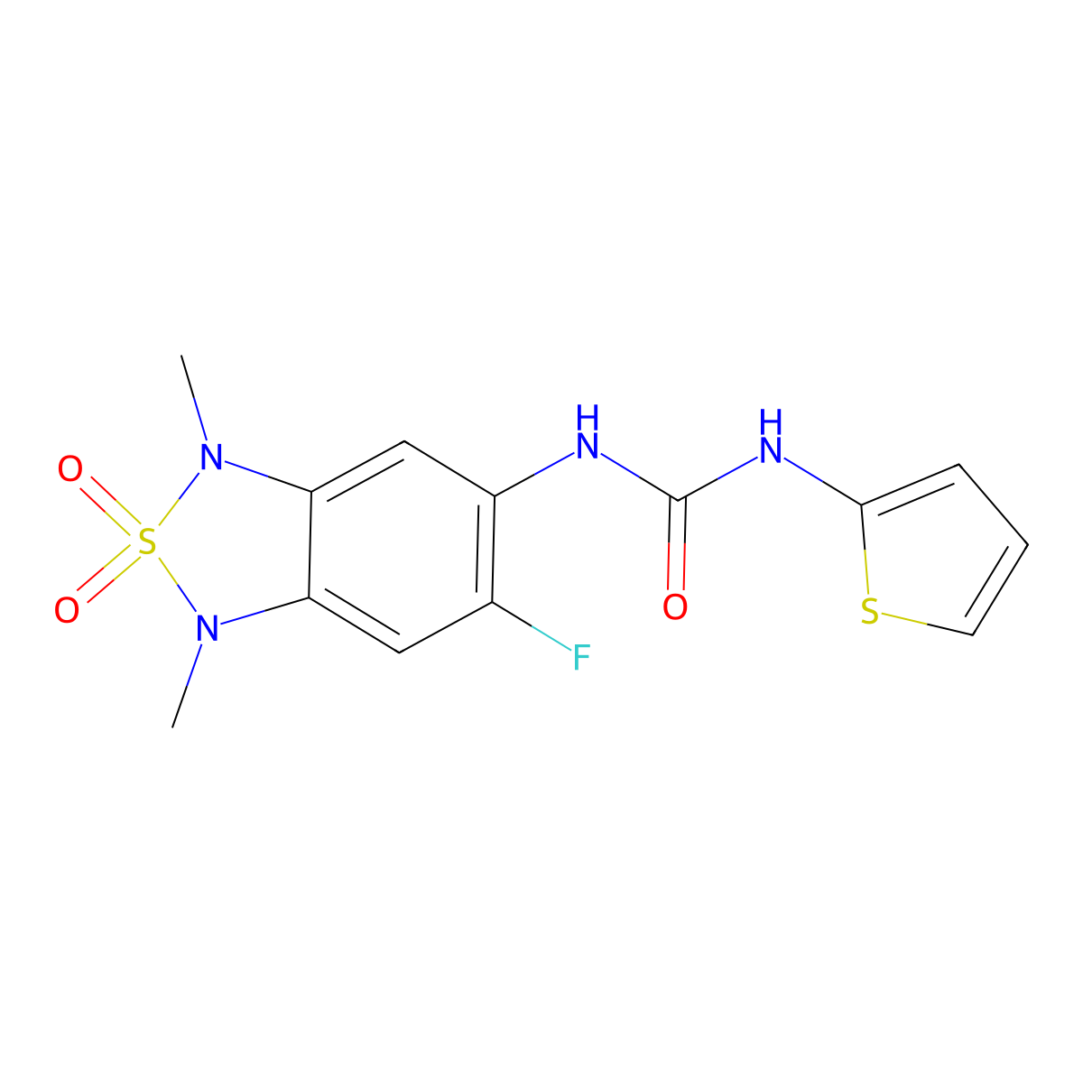 1-(6-Fluoro-1,3-dimethyl-2,2-dioxido-1,3-dihydrobenzo[c][1,2,5]thiadiazol-5-yl)-3-(thiophen-2-yl)urea molecular structure, CAS 2034242-85-6