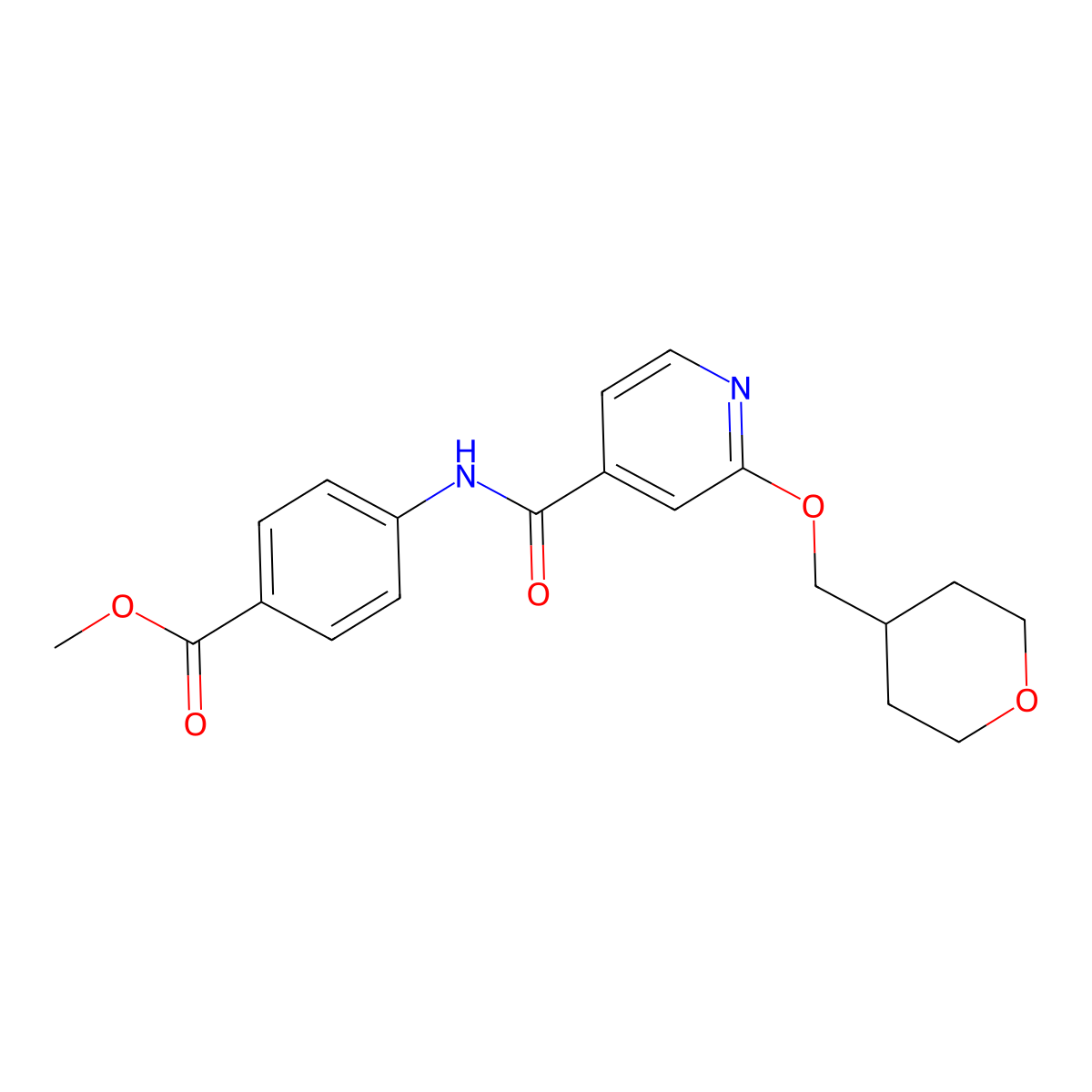 methyl 4-(2-((tetrahydro-2H-pyran-4-yl)methoxy)isonicotinamido)benzoate molecular structure, CAS 2034242-93-6