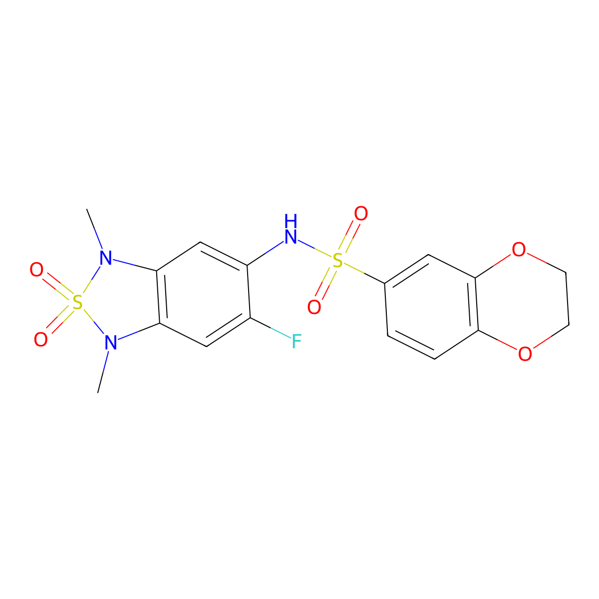 N-(6-fluoro-1,3-dimethyl-2,2-dioxido-1,3-dihydrobenzo[c][1,2,5]thiadiazol-5-yl)-2,3-dihydrobenzo[b][1,4]dioxine-6-sulfonamide molecular structure, CAS 2034243-00-8