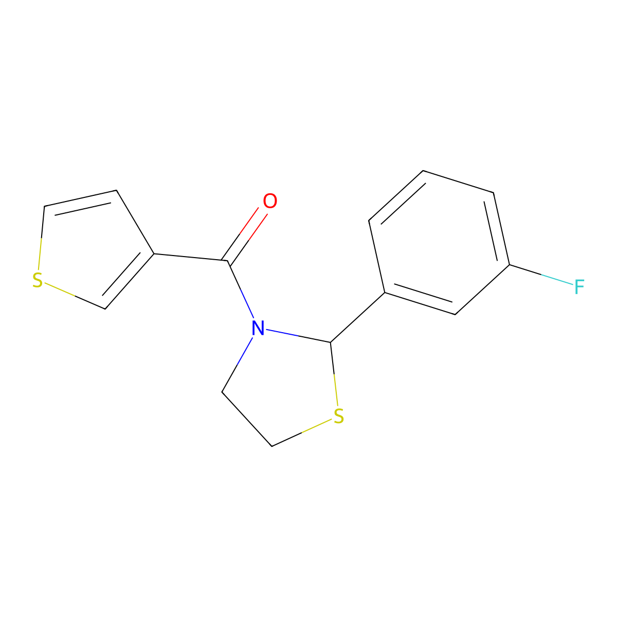 (2-(3-Fluorophenyl)thiazolidin-3-yl)(thiophen-3-yl)methanone molecular structure, CAS 2034243-01-9