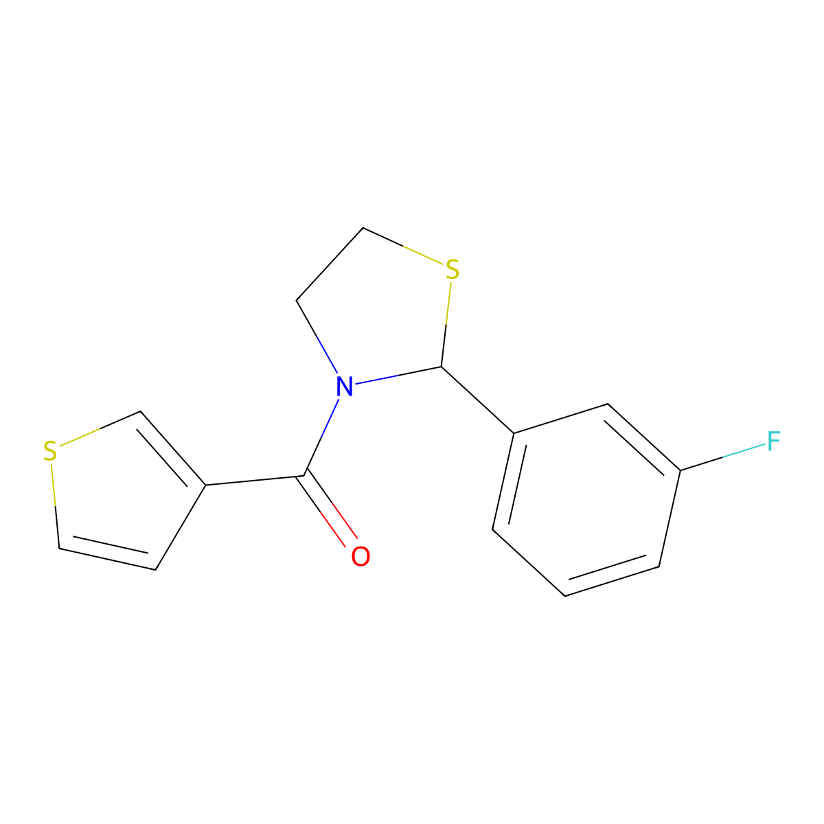 (2-(3-Fluorophenyl)thiazolidin-3-yl)(thiophen-3-yl)methanone molecular structure, CAS 2034243-01-9