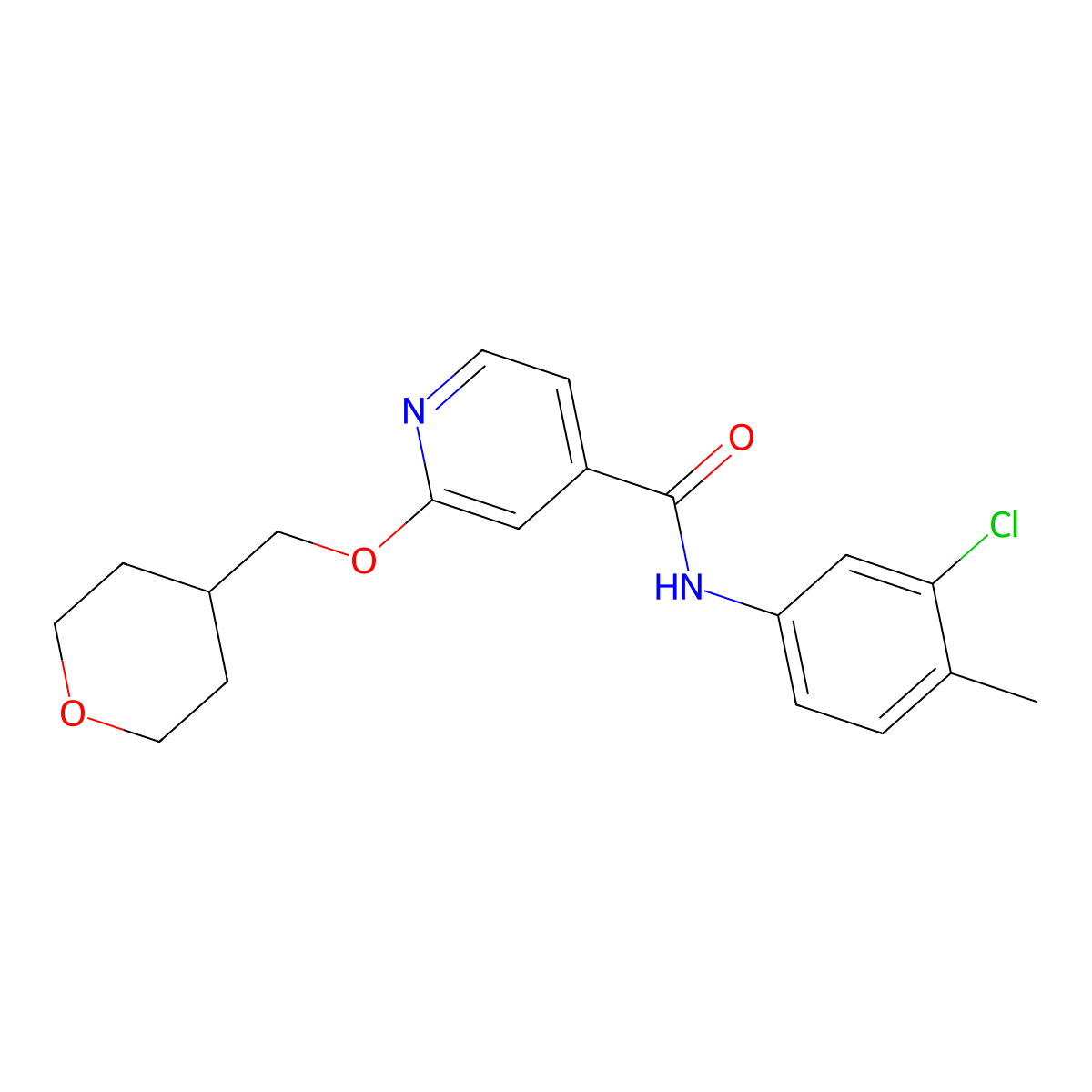 N-(3-chloro-4-methylphenyl)-2-((tetrahydro-2H-pyran-4-yl)methoxy)isonicotinamide molecular structure, CAS 2034243-02-0