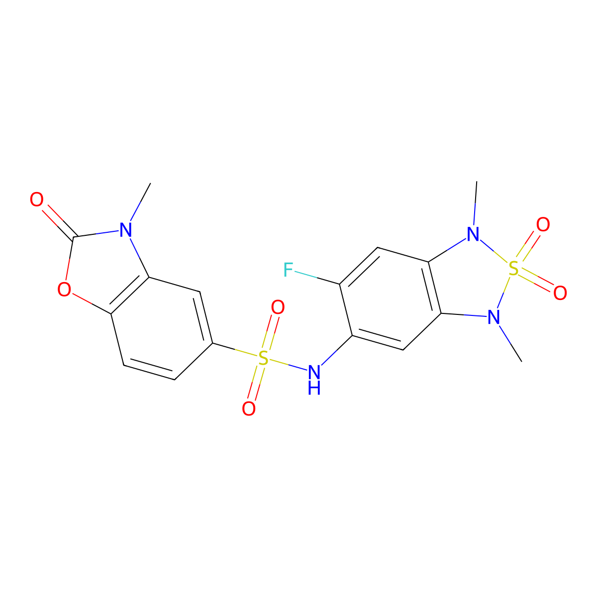 N-(6-fluoro-1,3-dimethyl-2,2-dioxido-1,3-dihydrobenzo[c][1,2,5]thiadiazol-5-yl)-3-methyl-2-oxo-2,3-dihydrobenzo[d]oxazole-5-sulfonamide molecular structure, CAS 2034243-06-4