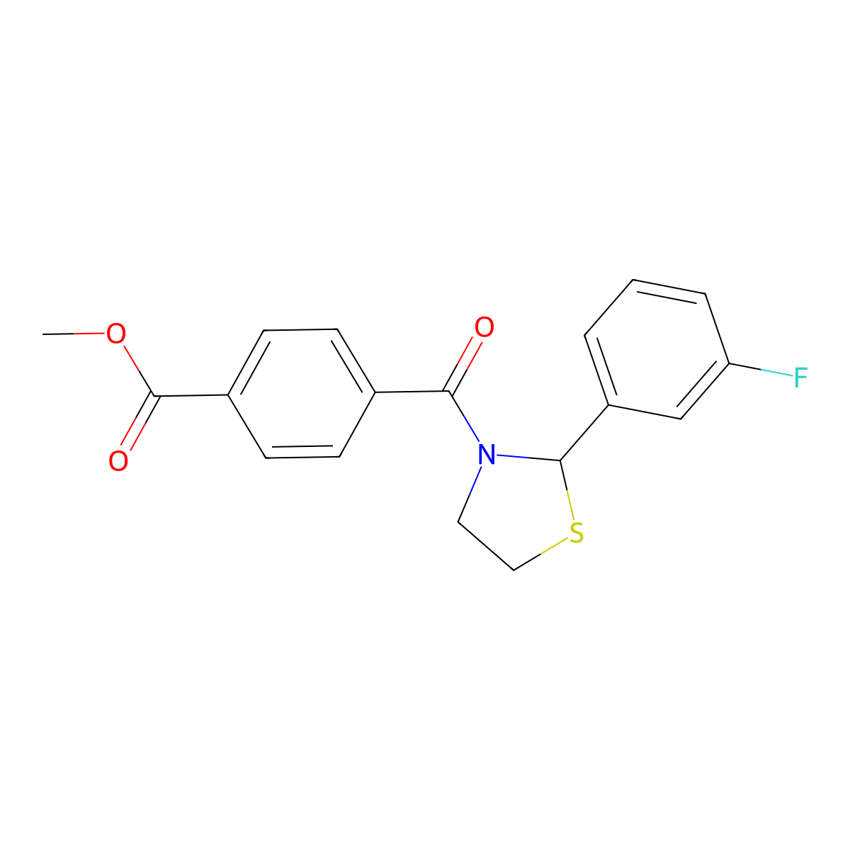 Methyl 4-(2-(3-fluorophenyl)thiazolidine-3-carbonyl)benzoate molecular structure, CAS 2034243-09-7