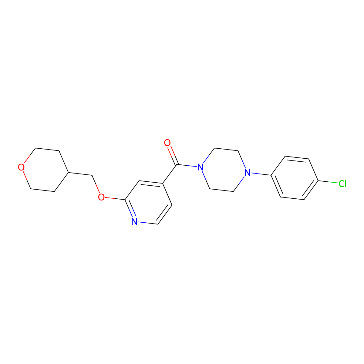(4-(4-chlorophenyl)piperazin-1-yl)(2-((tetrahydro-2H-pyran-4-yl)methoxy)pyridin-4-yl)methanone molecular structure, CAS 2034243-17-7