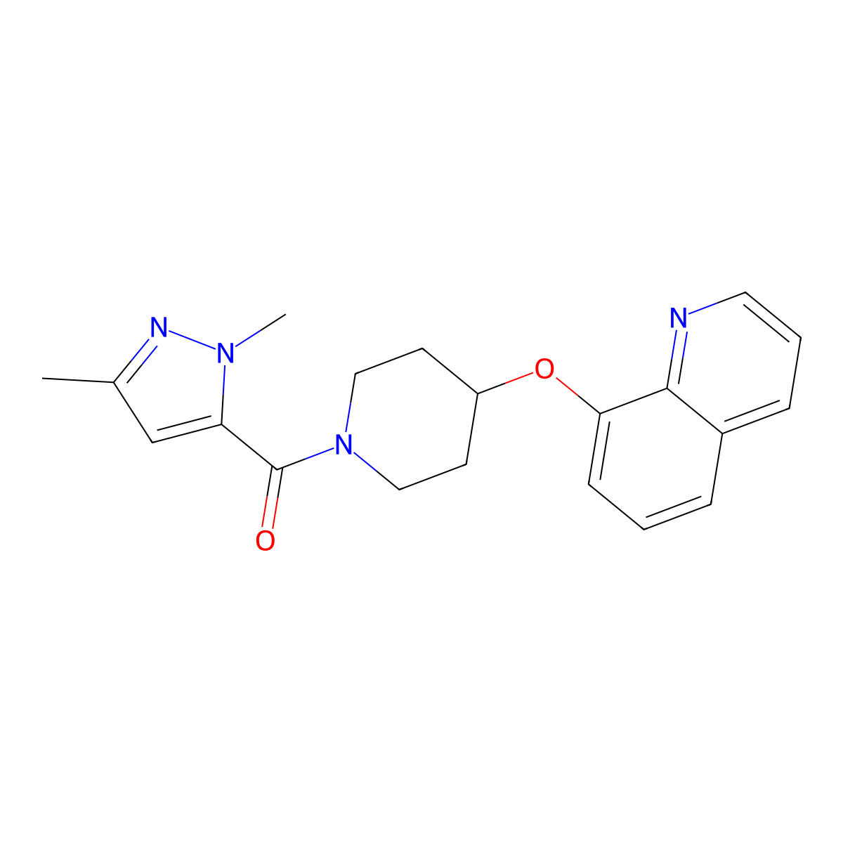 (1,3-dimethyl-1H-pyrazol-5-yl)(4-(quinolin-8-yloxy)piperidin-1-yl)methanone molecular structure, CAS 2034243-30-4