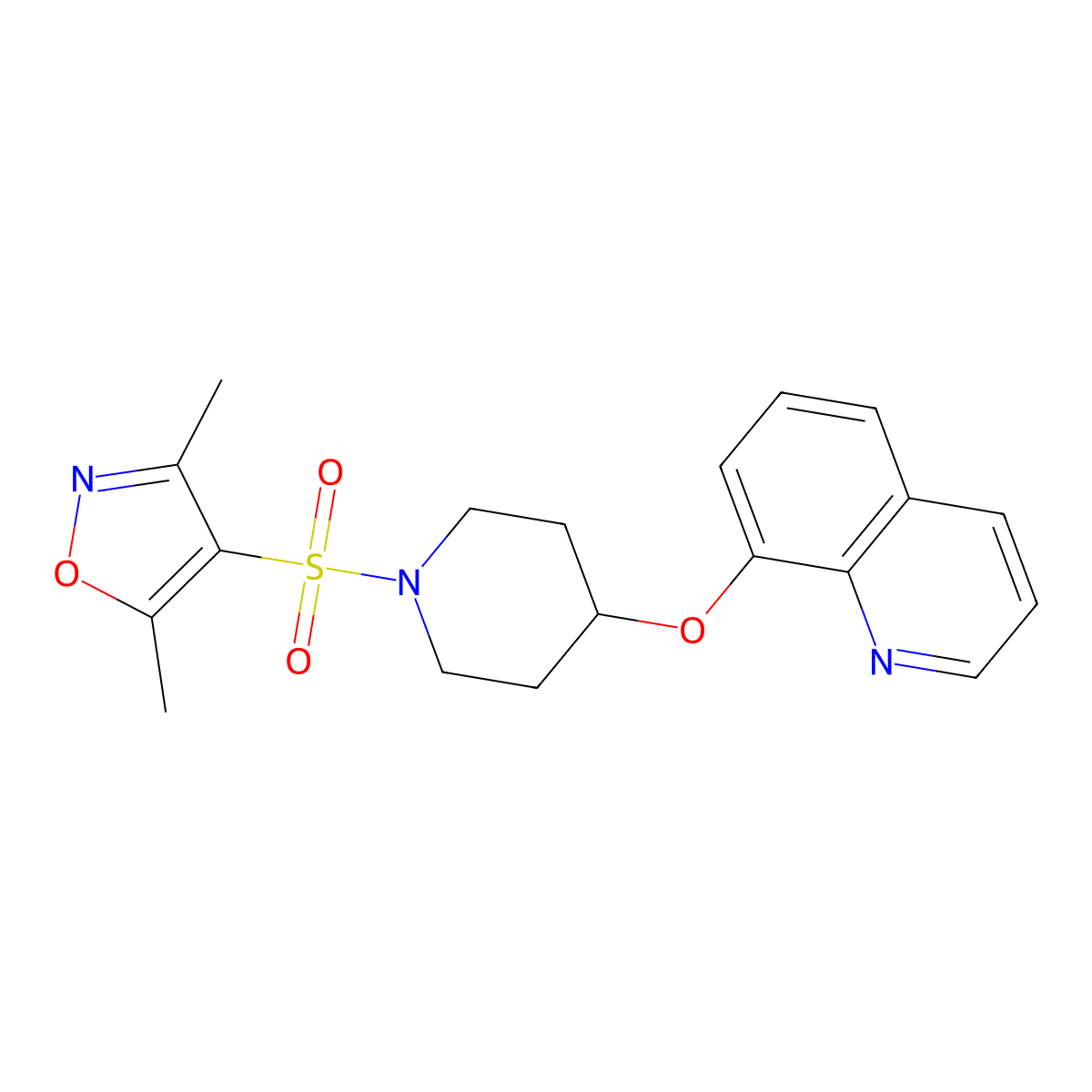 3,5-Dimethyl-4-((4-(quinolin-8-yloxy)piperidin-1-yl)sulfonyl)isoxazole molecular structure, CAS 2034243-46-2
