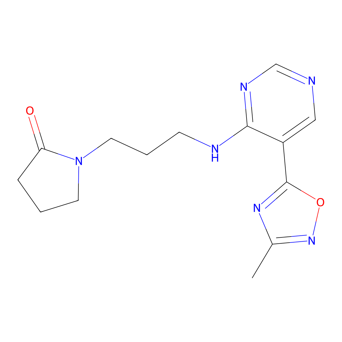 1-(3-((5-(3-Methyl-1,2,4-oxadiazol-5-yl)pyrimidin-4-yl)amino)propyl)pyrrolidin-2-one molecular structure, CAS 2034243-52-0