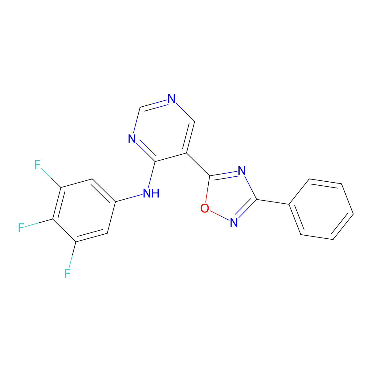 5-(3-phenyl-1,2,4-oxadiazol-5-yl)-N-(3,4,5-trifluorophenyl)pyrimidin-4-amine molecular structure, CAS 2034243-64-4