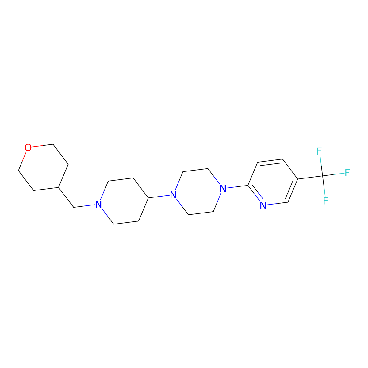 1-(1-((tetrahydro-2H-pyran-4-yl)methyl)piperidin-4-yl)-4-(5-(trifluoromethyl)pyridin-2-yl)piperazine molecular structure, CAS 2034243-67-7
