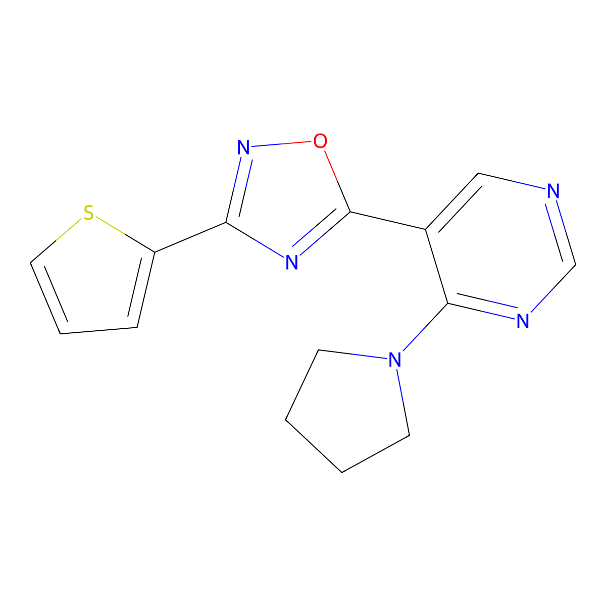 5-(4-(Pyrrolidin-1-yl)pyrimidin-5-yl)-3-(thiophen-2-yl)-1,2,4-oxadiazole molecular structure, CAS 2034243-71-3
