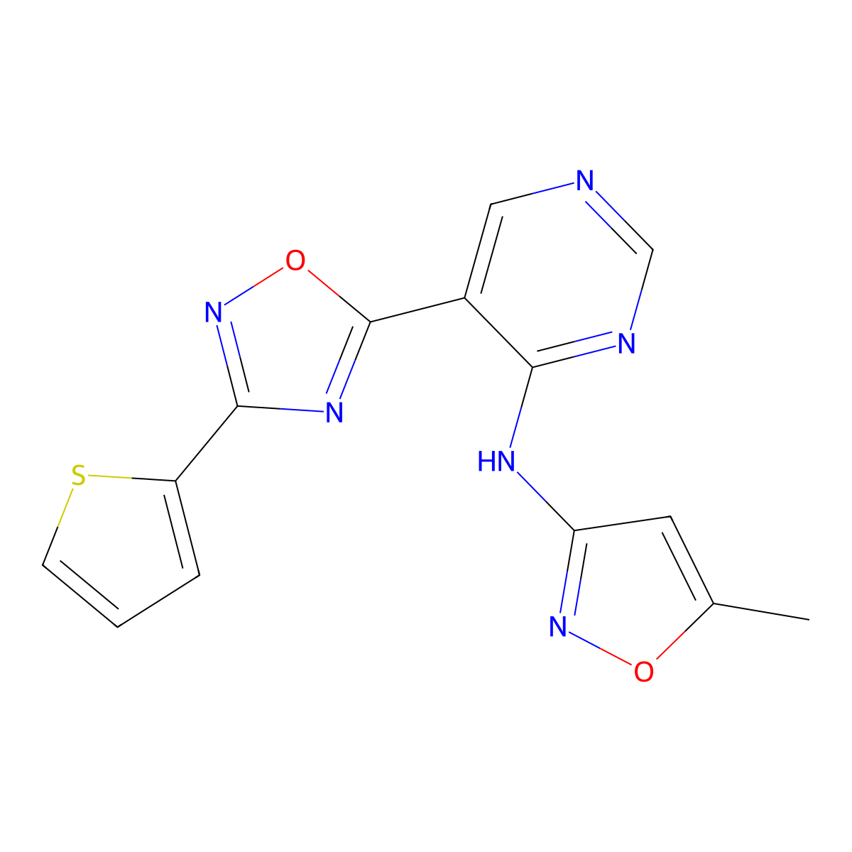 5-methyl-N-(5-(3-(thiophen-2-yl)-1,2,4-oxadiazol-5-yl)pyrimidin-4-yl)isoxazol-3-amine molecular structure, CAS 2034243-85-9
