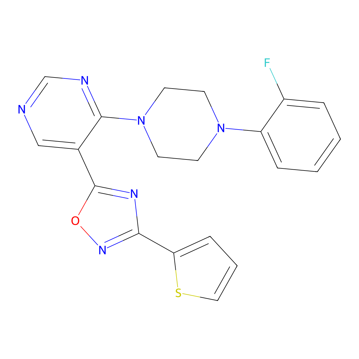 5-(4-(4-(2-Fluorophenyl)piperazin-1-yl)pyrimidin-5-yl)-3-(thiophen-2-yl)-1,2,4-oxadiazole molecular structure, CAS 2034243-87-1