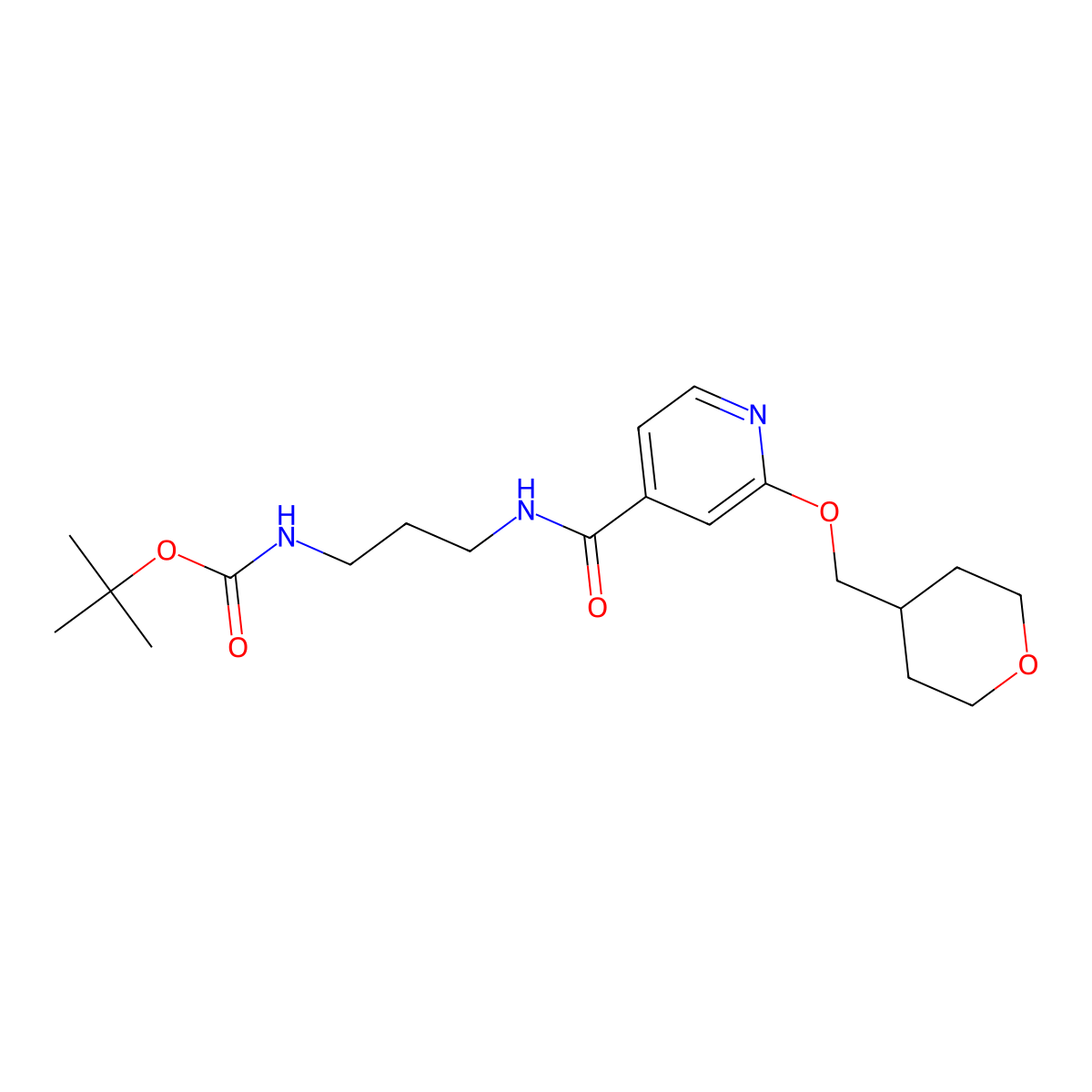 tert-butyl (3-(2-((tetrahydro-2H-pyran-4-yl)methoxy)isonicotinamido)propyl)carbamate molecular structure, CAS 2034243-88-2