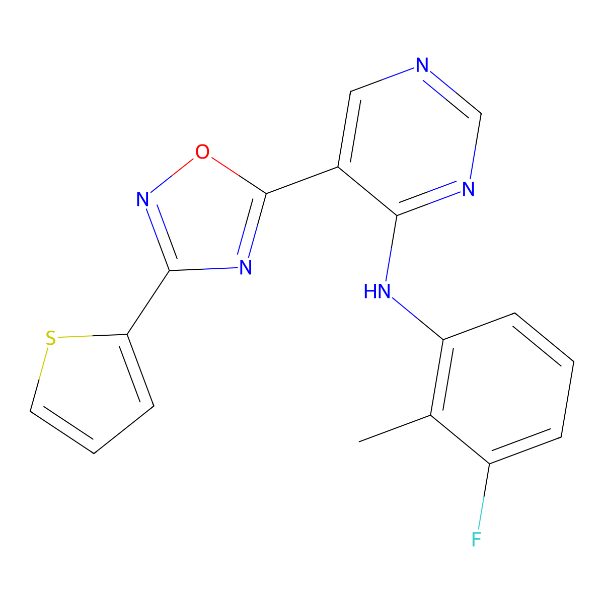 N-(3-fluoro-2-methylphenyl)-5-(3-(thiophen-2-yl)-1,2,4-oxadiazol-5-yl)pyrimidin-4-amine molecular structure, CAS 2034243-97-3