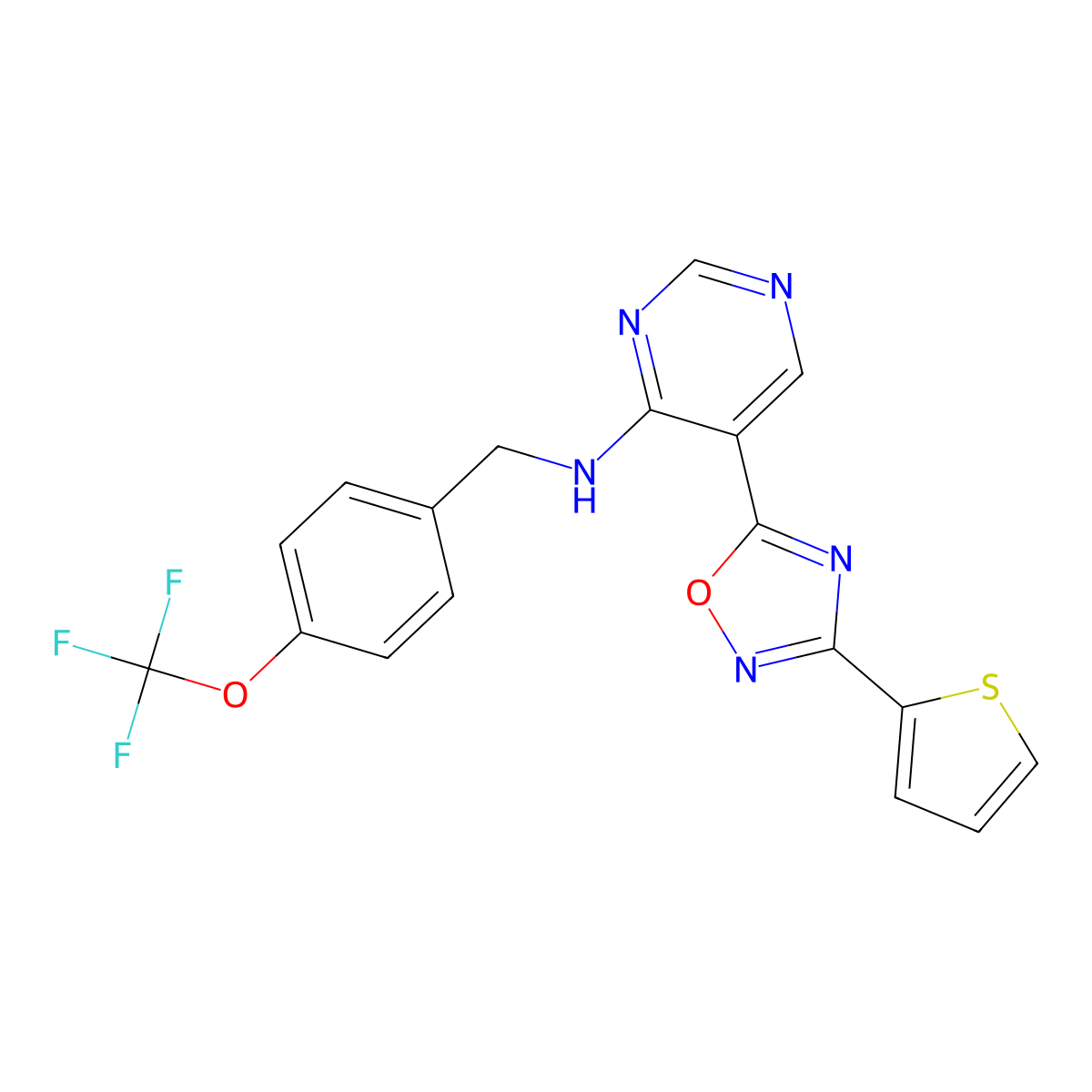 5-(3-(thiophen-2-yl)-1,2,4-oxadiazol-5-yl)-N-(4-(trifluoromethoxy)benzyl)pyrimidin-4-amine molecular structure, CAS 2034244-06-7