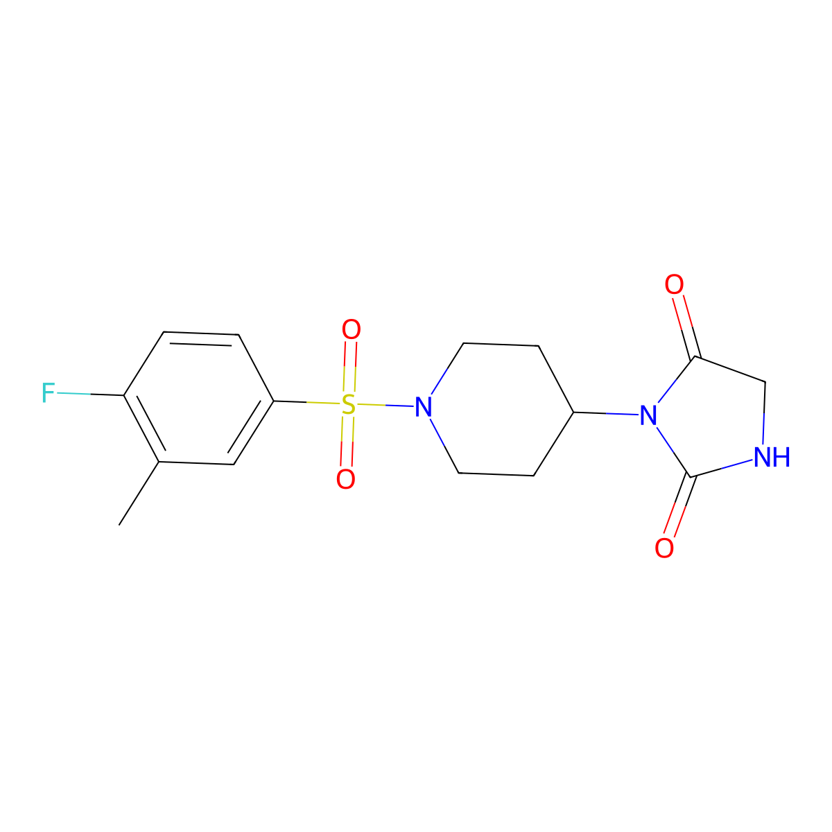 3-(1-((4-Fluoro-3-methylphenyl)sulfonyl)piperidin-4-yl)imidazolidine-2,4-dione molecular structure, CAS 2034244-11-4