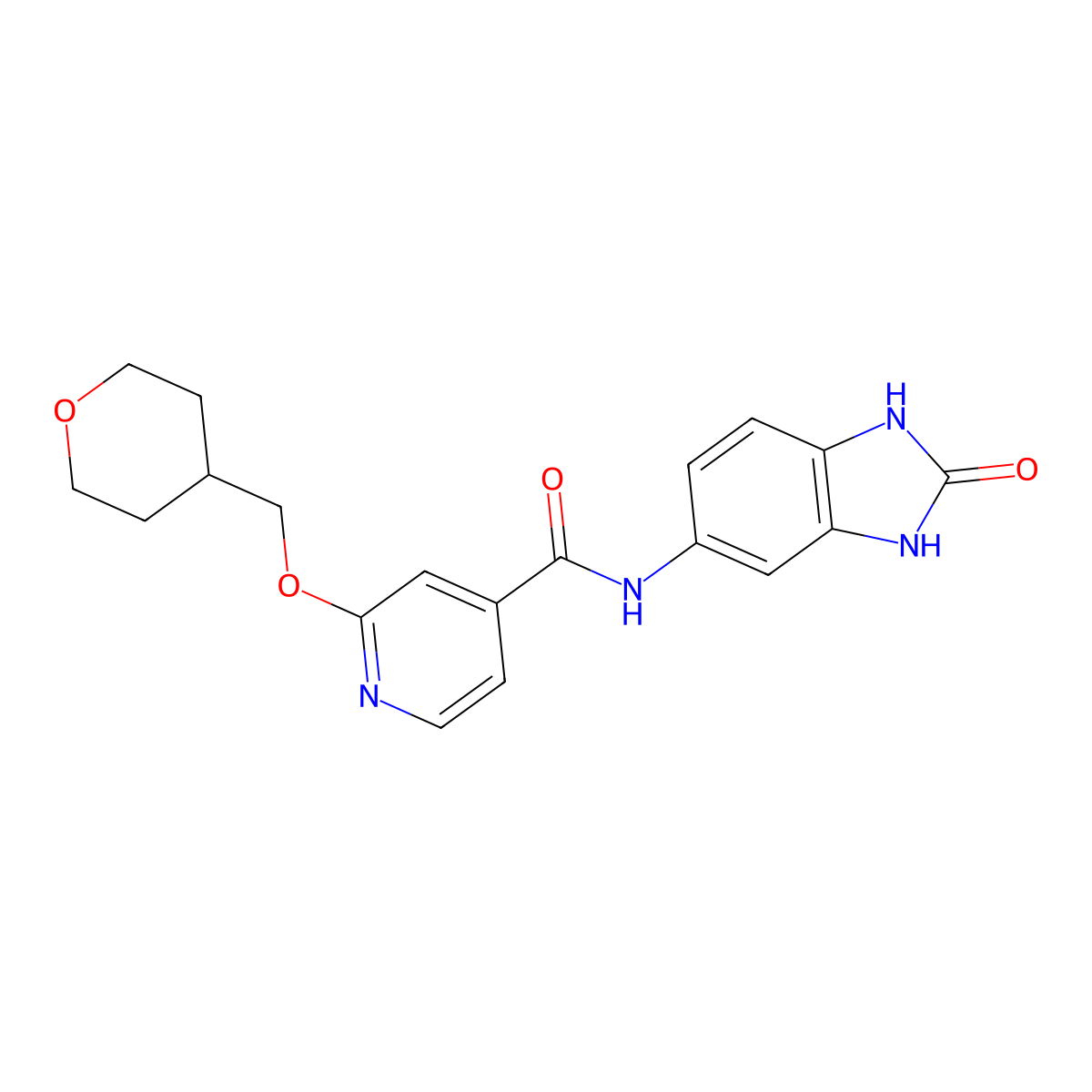 N-(2-oxo-2,3-dihydro-1H-benzo[d]imidazol-5-yl)-2-((tetrahydro-2H-pyran-4-yl)methoxy)isonicotinamide molecular structure, CAS 2034244-12-5