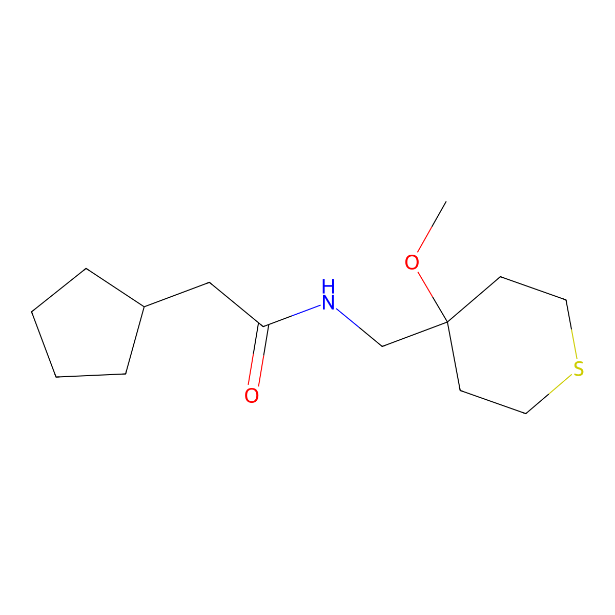 2-cyclopentyl-N-((4-methoxytetrahydro-2H-thiopyran-4-yl)methyl)acetamide molecular structure, CAS 2034244-13-6