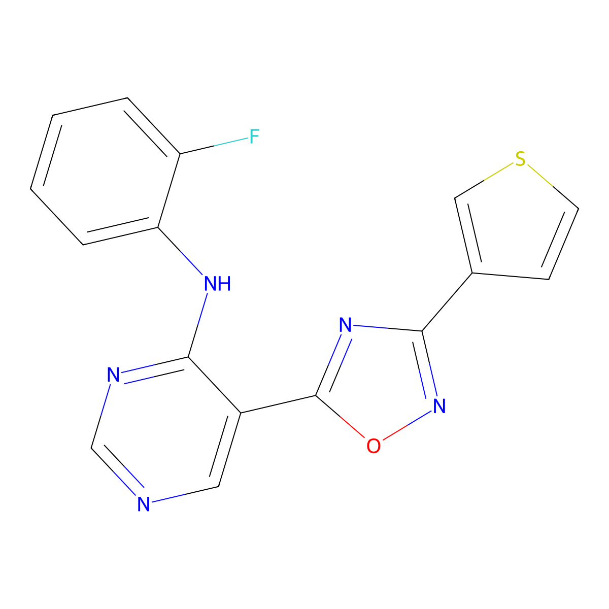 N-(2-fluorophenyl)-5-(3-(thiophen-3-yl)-1,2,4-oxadiazol-5-yl)pyrimidin-4-amine molecular structure, CAS 2034244-14-7
