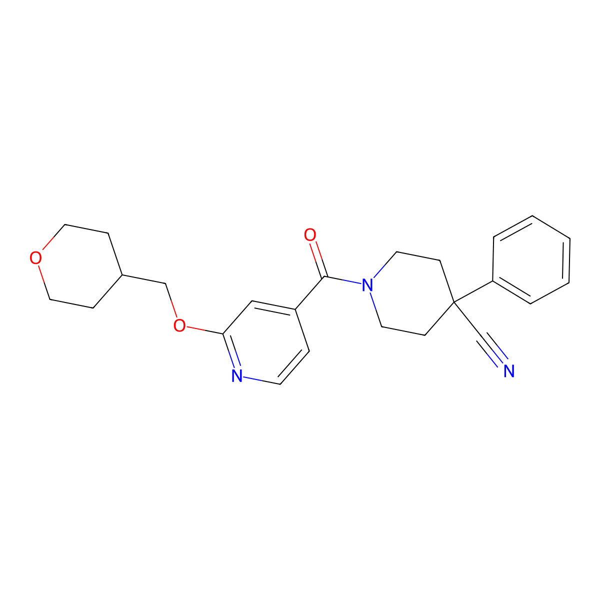 4-phenyl-1-(2-((tetrahydro-2H-pyran-4-yl)methoxy)isonicotinoyl)piperidine-4-carbonitrile molecular structure, CAS 2034244-23-8