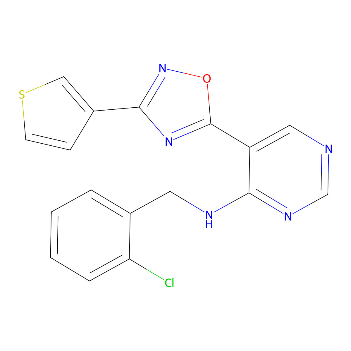 N-(2-chlorobenzyl)-5-(3-(thiophen-3-yl)-1,2,4-oxadiazol-5-yl)pyrimidin-4-amine molecular structure, CAS 2034244-25-0