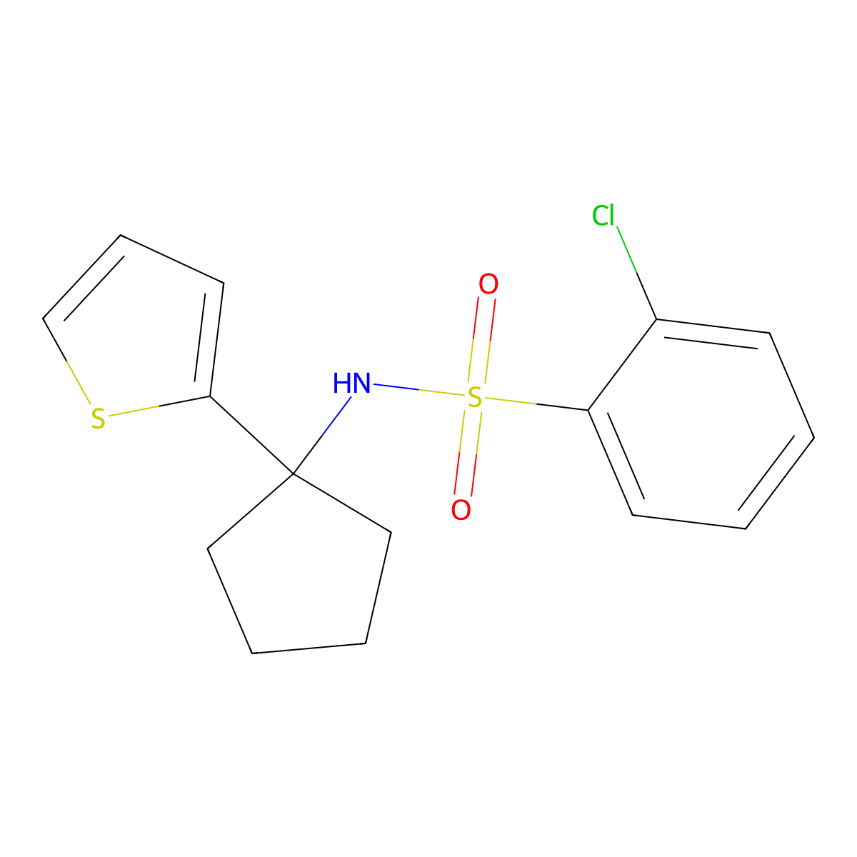 2-chloro-N-(1-(thiophen-2-yl)cyclopentyl)benzenesulfonamide molecular structure, CAS 2034244-31-8