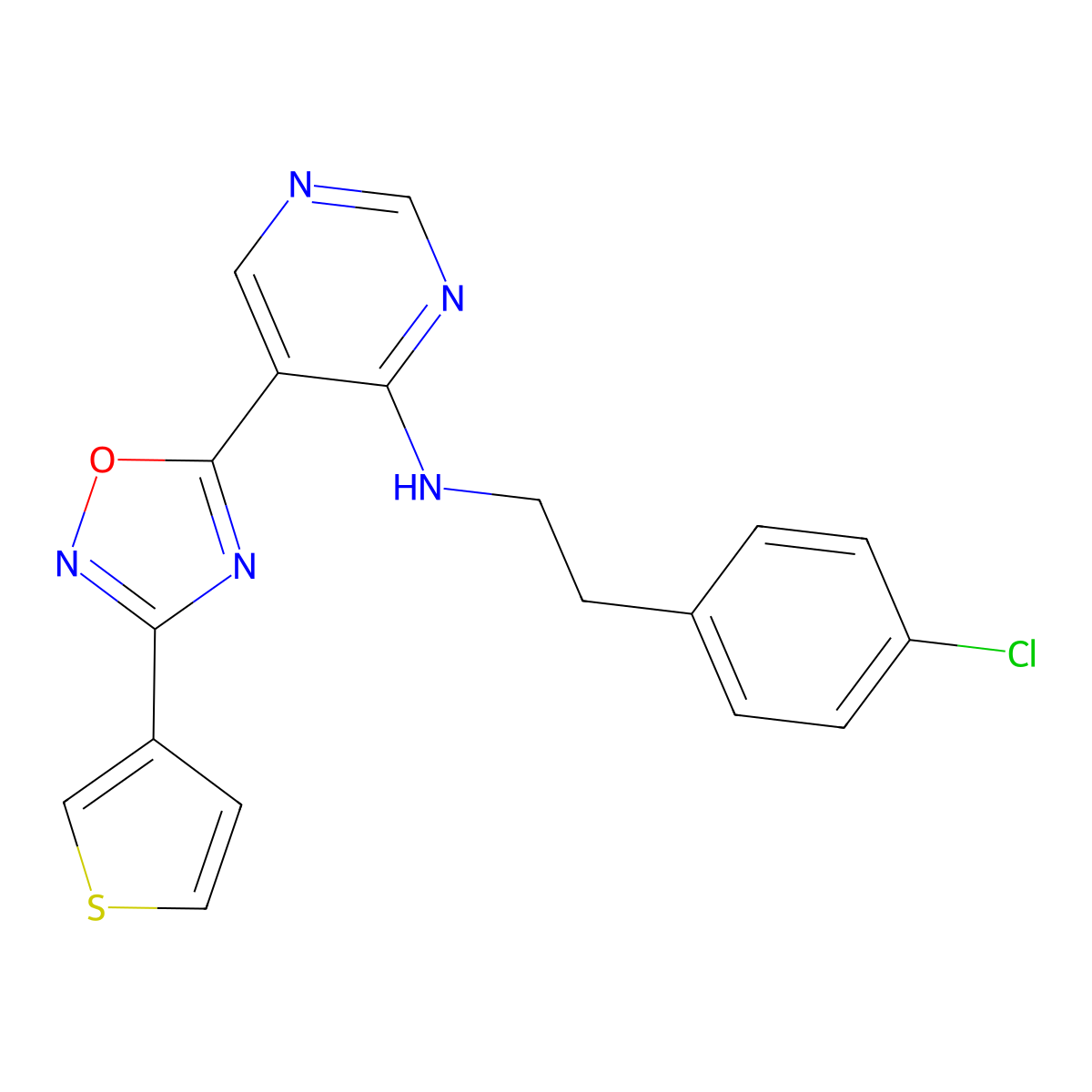 N-(4-chlorophenethyl)-5-(3-(thiophen-3-yl)-1,2,4-oxadiazol-5-yl)pyrimidin-4-amine molecular structure, CAS 2034244-36-3