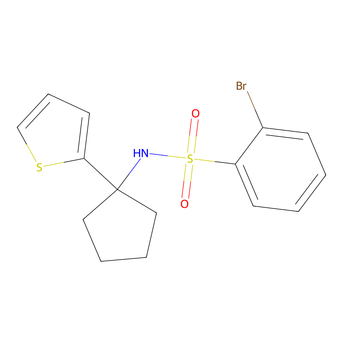 2-bromo-N-(1-(thiophen-2-yl)cyclopentyl)benzenesulfonamide molecular structure, CAS 2034244-40-9