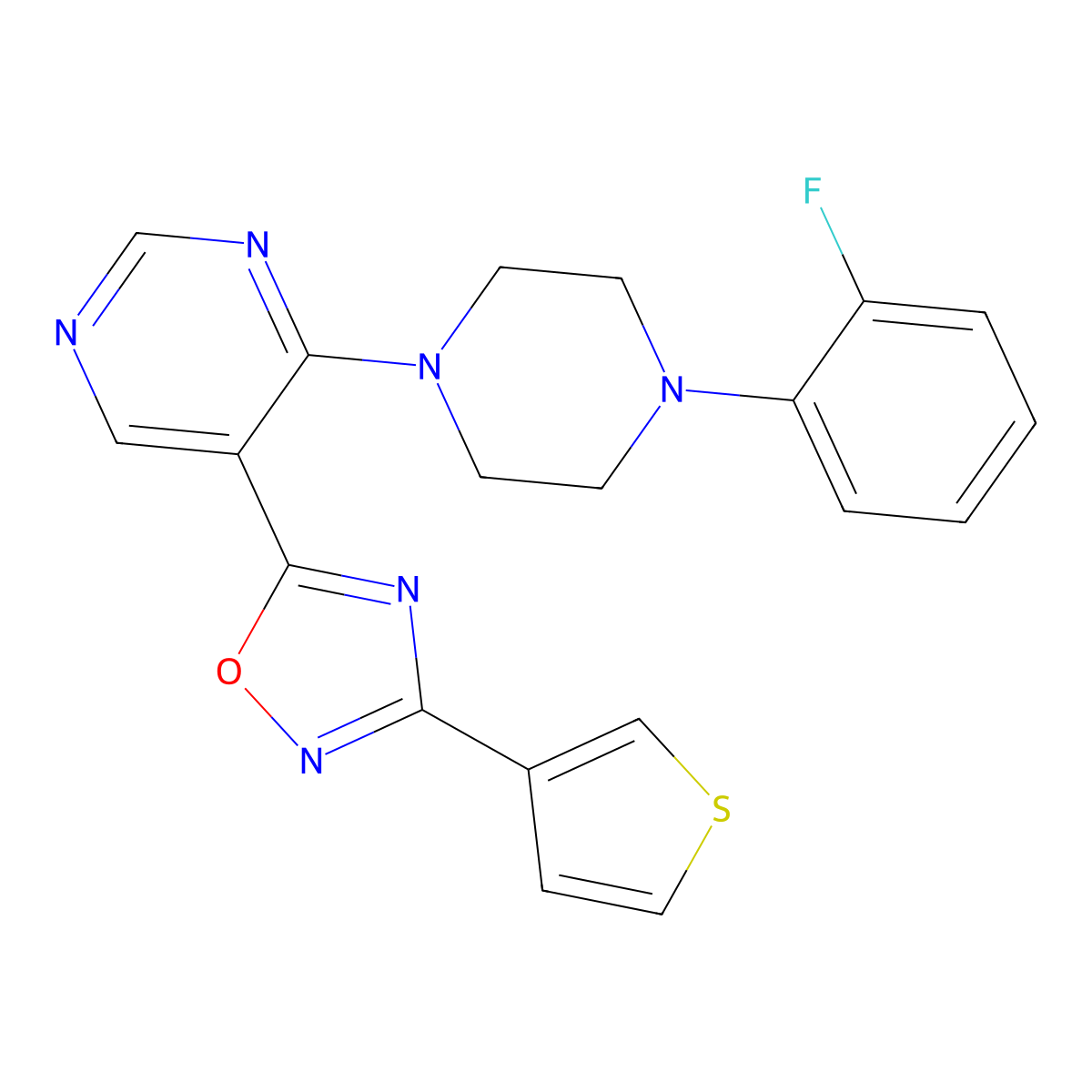 5-(4-(4-(2-Fluorophenyl)piperazin-1-yl)pyrimidin-5-yl)-3-(thiophen-3-yl)-1,2,4-oxadiazole molecular structure, CAS 2034244-41-0